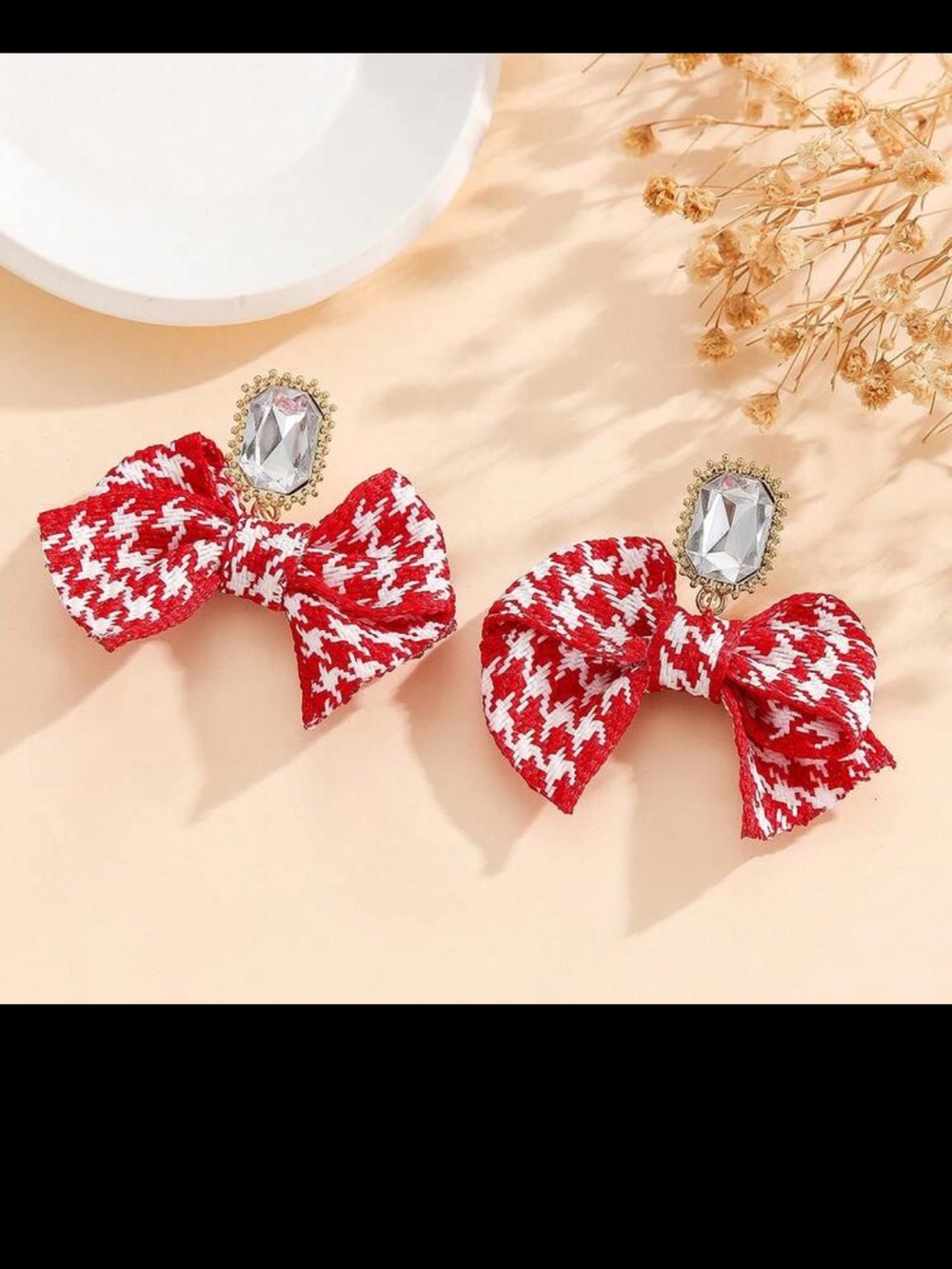 Red & White Bow Drop Earrings with Crystal Accent nwt